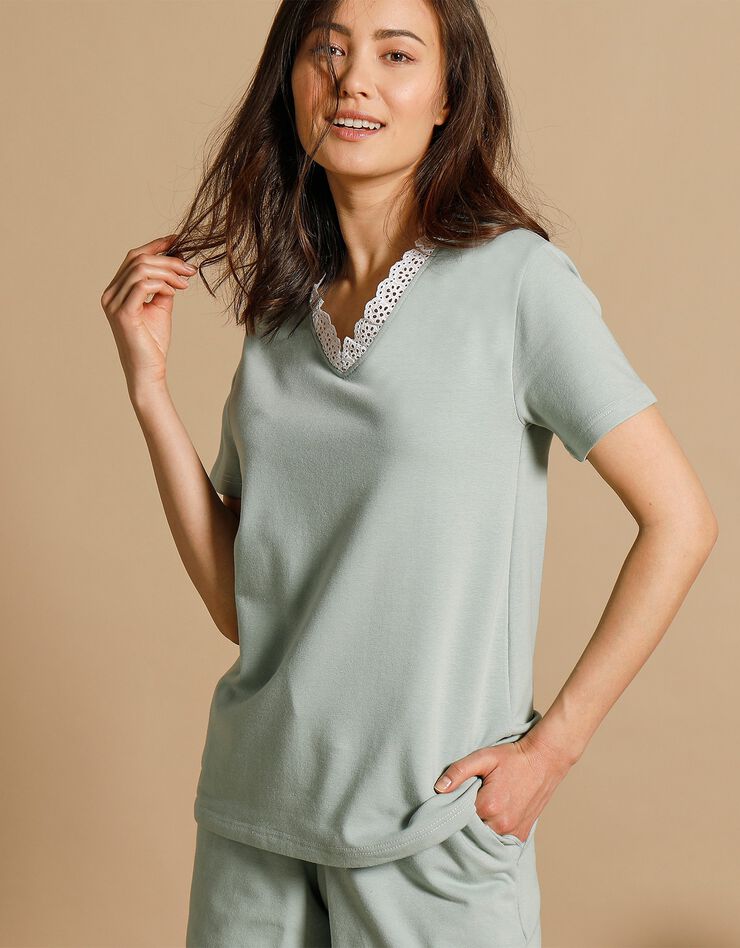 Sweat-shirt col V manches courtes broderie anglaise (vert amande) Sweat-shirt col V manches courtes broderie anglaise (vert amande)