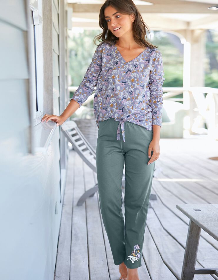 Pantalon pyjama coton imprimé placé "pétales" (vert sauge) Pantalon pyjama coton imprimé placé "pétales" (vert sauge)