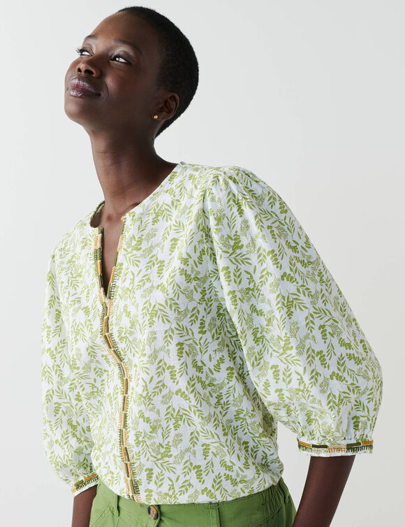 Blouse brod&eacute;e en coton imprim&eacute;e, manches 3/4 (anis)