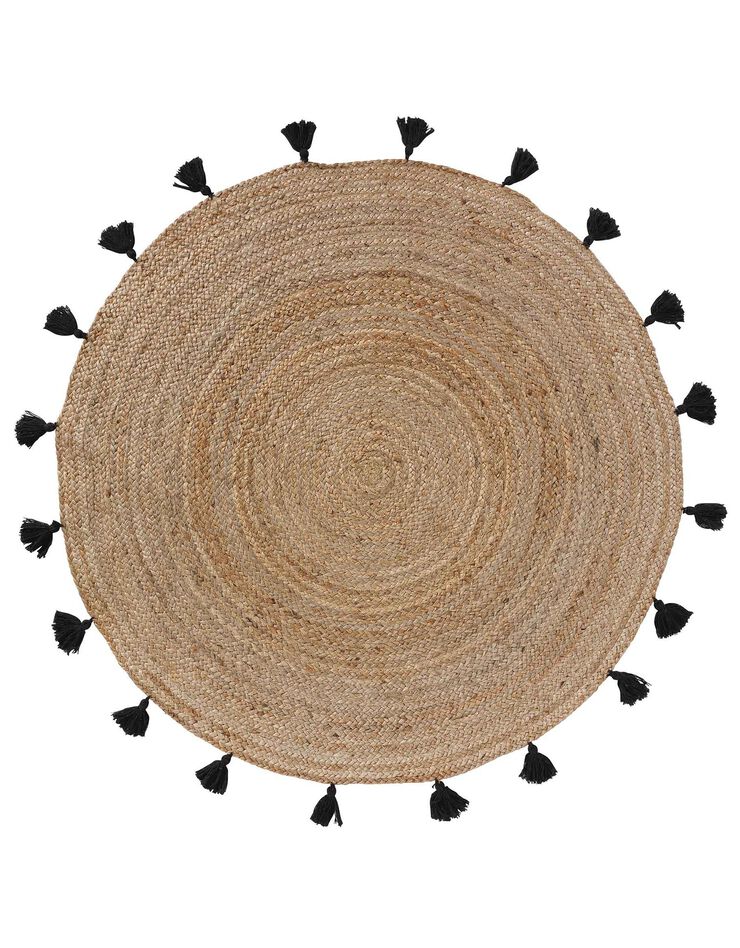 Tapis rond en jute avec pompons de couleur (noir)