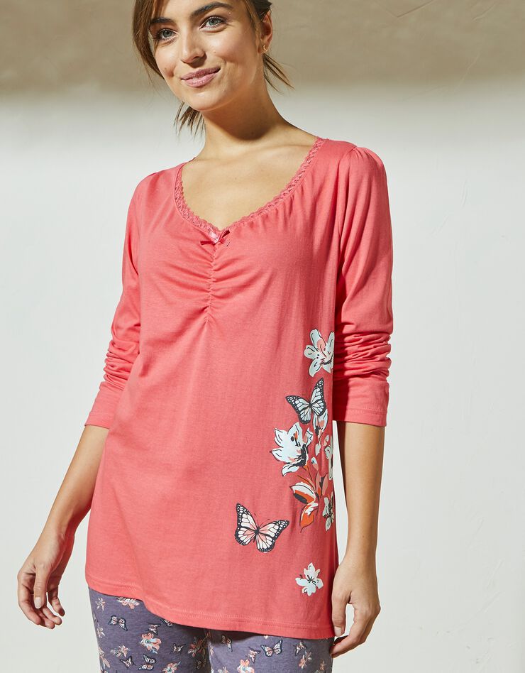 T-shirt pyjama manches longues imprimé placé papillons (corail)