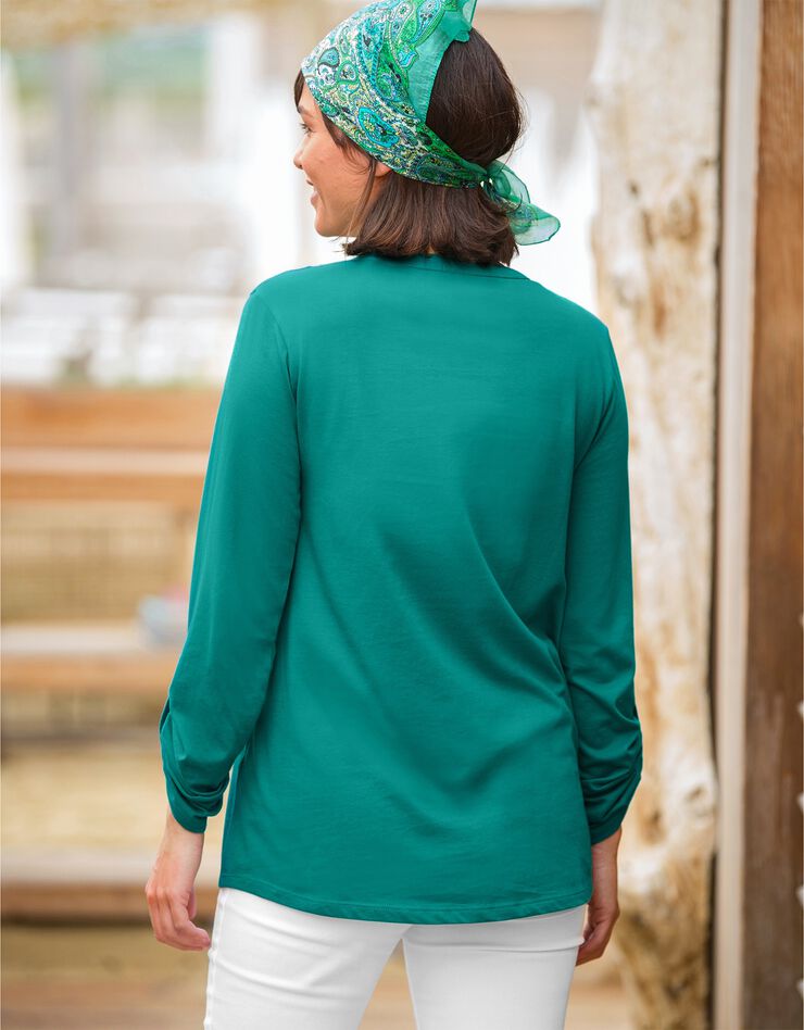 Tee-shirt col tunisien manches longues, broderie anglaise (vert) Tee-shirt col tunisien manches longues, broderie anglaise (vert)