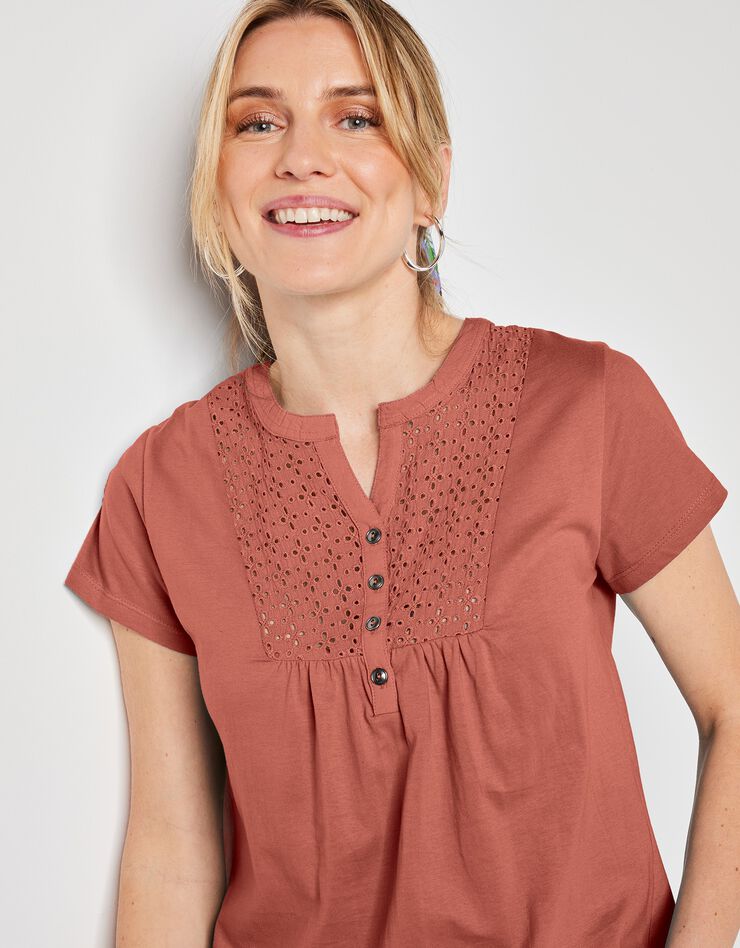Tee-shirt boutonné broderie anglaise (terracotta) Tee-shirt boutonné broderie anglaise (terracotta)
