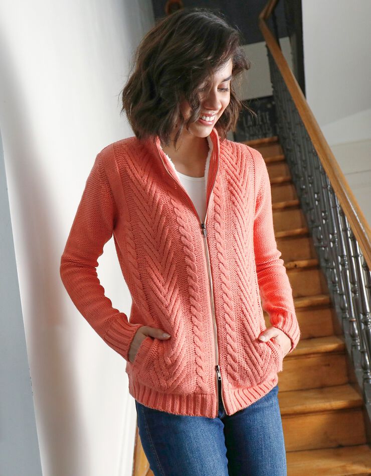 Gilet zippé torsadé doublé maille peluche (corail grisé) Gilet zippé torsadé doublé maille peluche (corail grisé)