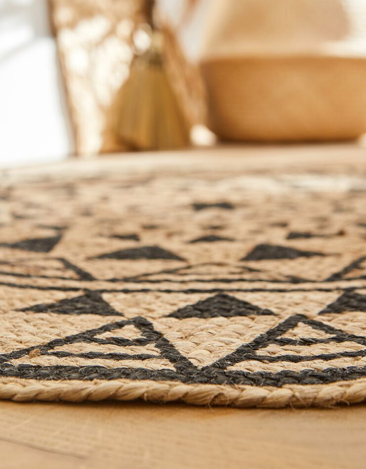 Tapis rond en jute imprimé noir (noir / naturel)