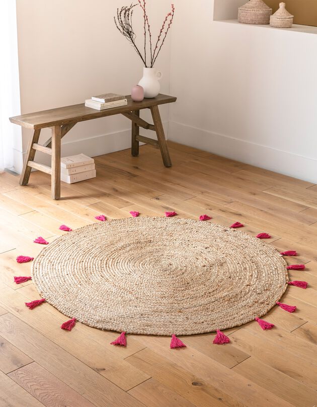Tapis rond en jute avec pompons de couleur (framboise)