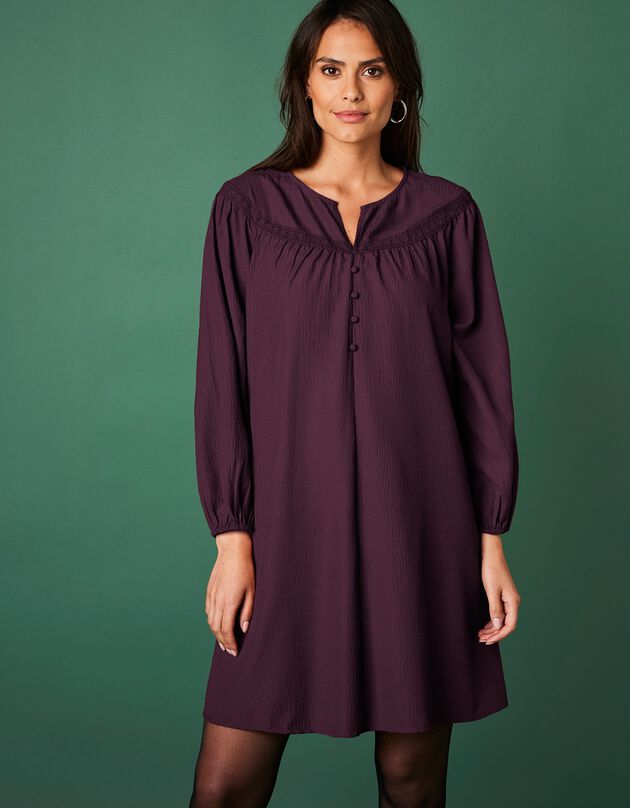 Robe courte boutonnée effet créponné (prune)