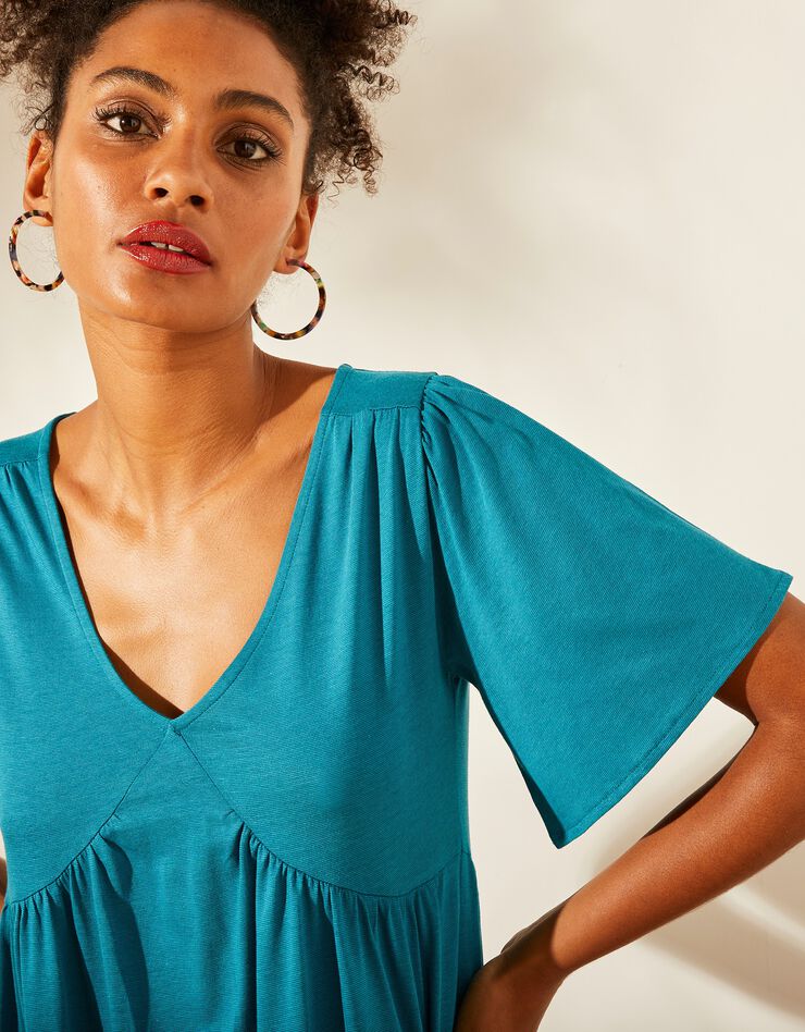 Robe ample froncée à manches courtes (bleu paon) Robe ample froncée à manches courtes (bleu paon)
