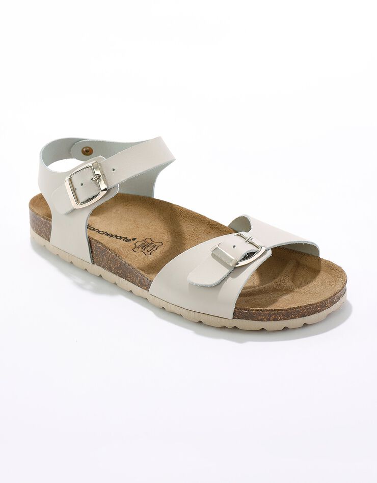 Sandales compensées en cuir à boucles réglables semelle liège - uni (beige) Sandales compensées en cuir à boucles réglables semelle liège - uni (beige)