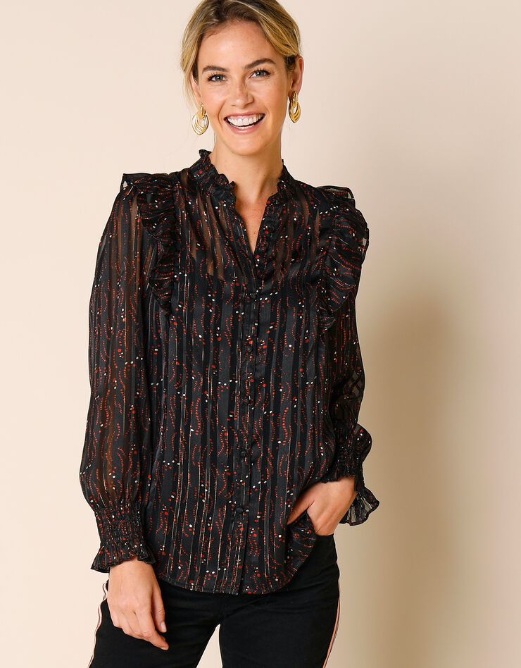 Blouse imprimée col officier volanté (turquoise) Blouse imprimée col officier volanté (turquoise)