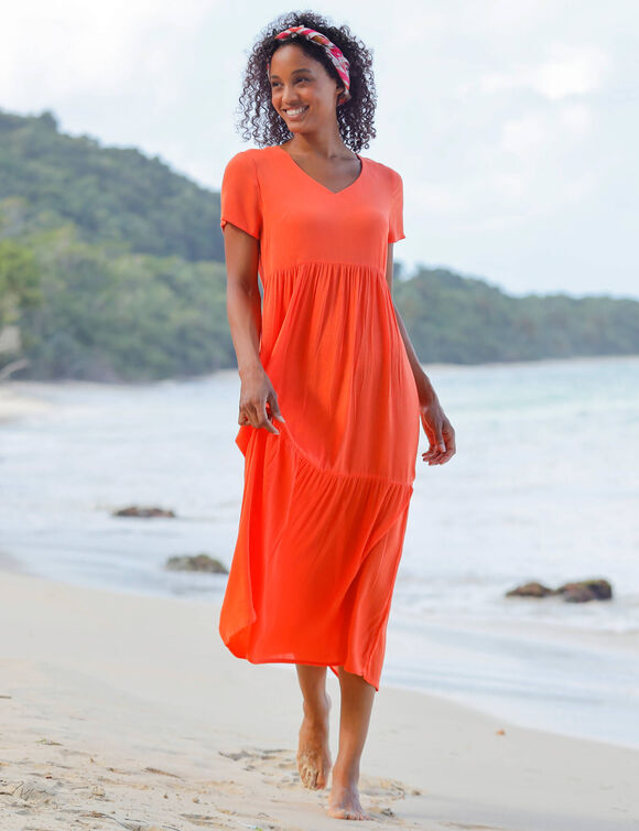 Robe col V longue unie, crépon (orange)