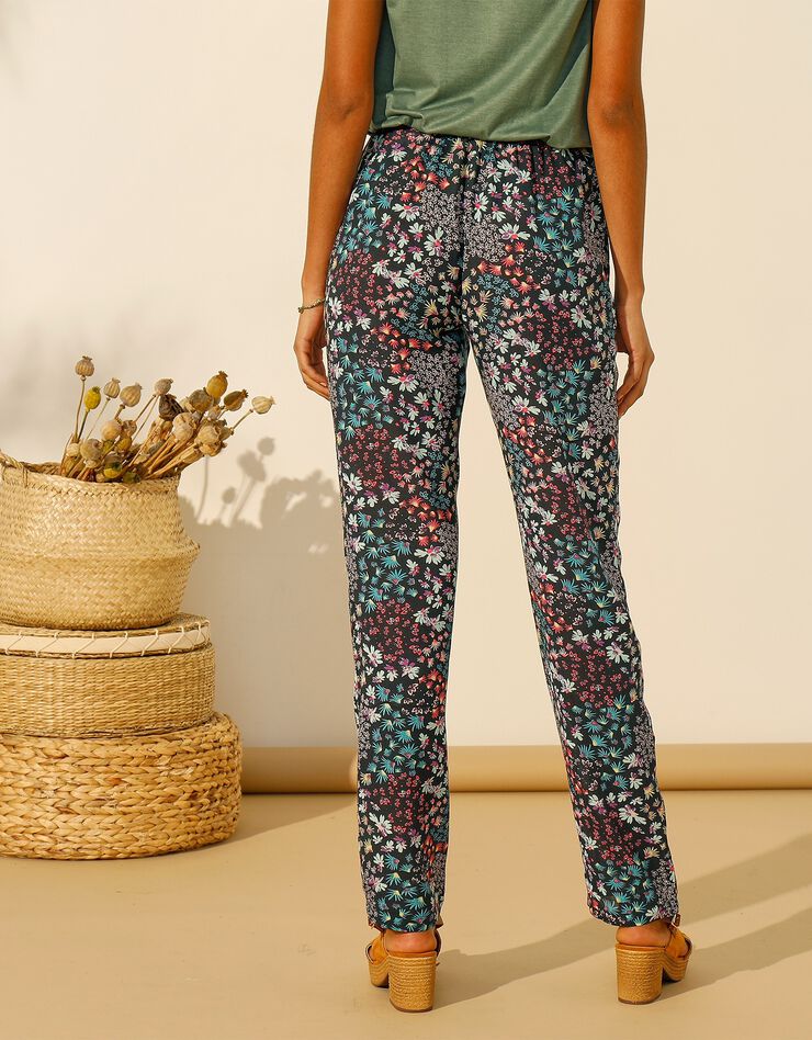 Pantalon crépon fluide imprimé fleuri (marine / turquoise) Pantalon crépon fluide imprimé fleuri (marine / turquoise)