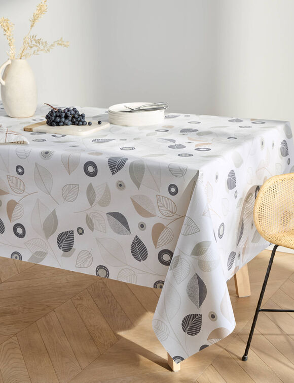 Nappe toile cir&eacute;e imprim&eacute; feuilles (&eacute;cru)