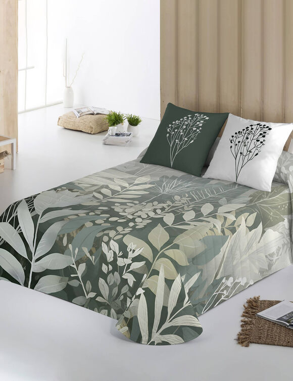 Couvre-lit matelass&eacute; Natura imprim&eacute; feuillages (vert)