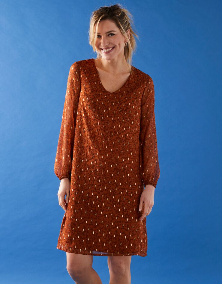 Robe évasée voile imprimé doré (caramel)