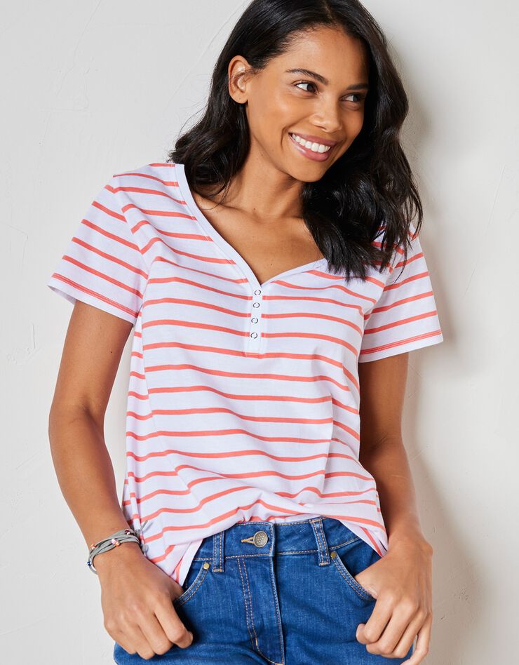 Tee-shirt col V rayé bicolore (blanc / corail) Tee-shirt col V rayé bicolore (blanc / corail)