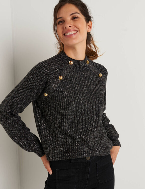 Pull boutonné maille anglaise et fil brillant (anthracite chiné)
