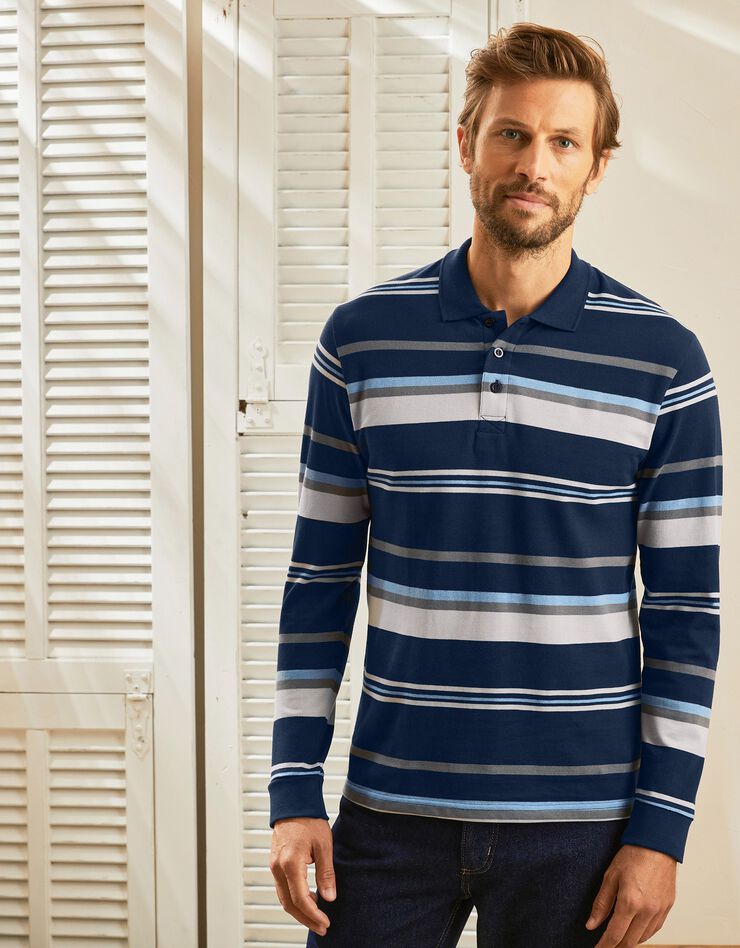 Polo maille piquée rayée, manches longues (marine / gris) Polo maille piquée rayée, manches longues (marine / gris)