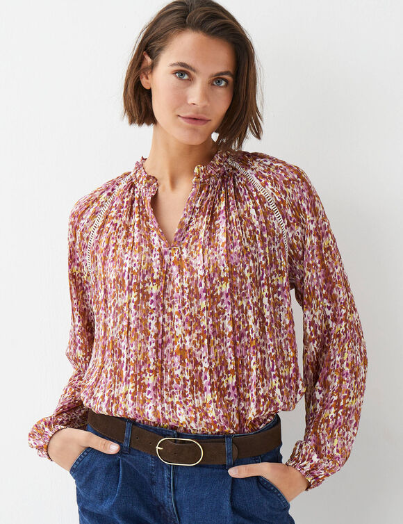Blouse en voile imprim&eacute; tachiste (violet gris&eacute;)