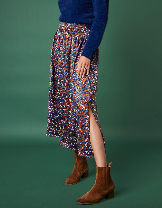 Jupe longue satin imprimé minimaliste (caramel / bleu)