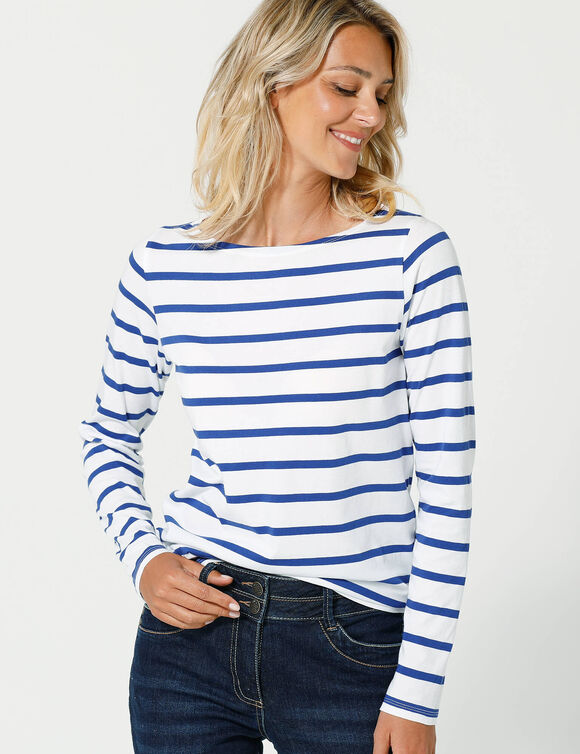 T-shirt marinière manches longues, coton biologique(**) (blanc / bleu)