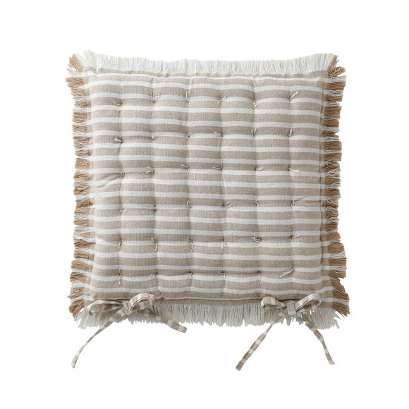 Galette de chaise carr&eacute;e ray&eacute;e &agrave; franges - lot de 2 (beige)