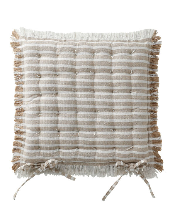Galette de chaise carr&eacute;e ray&eacute;e &agrave; franges - lot de 2 (beige)