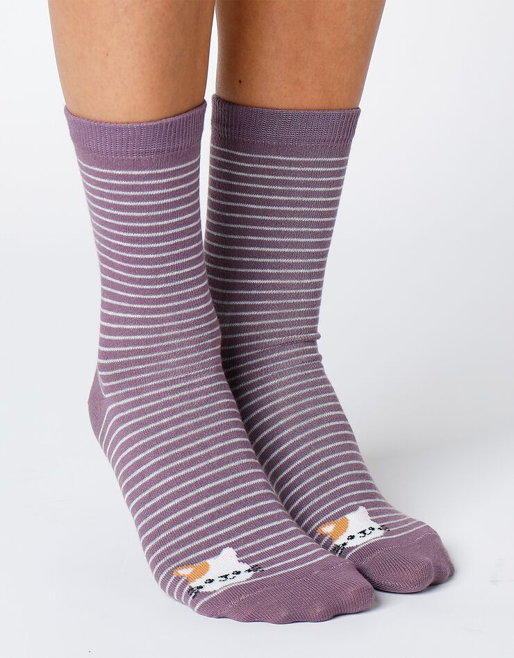Chaussettes rayées fantaisie à motifs animaux - lot de 3 (gris + bleu + mauve) Chaussettes rayées fantaisie à motifs animaux - lot de 3 (gris + bleu + mauve)