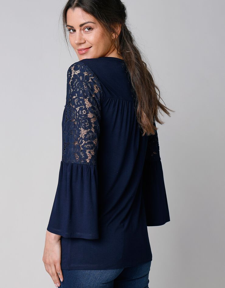 Tee-shirt boutonné manches 3/4 dentelle (marine) Tee-shirt boutonné manches 3/4 dentelle (marine)