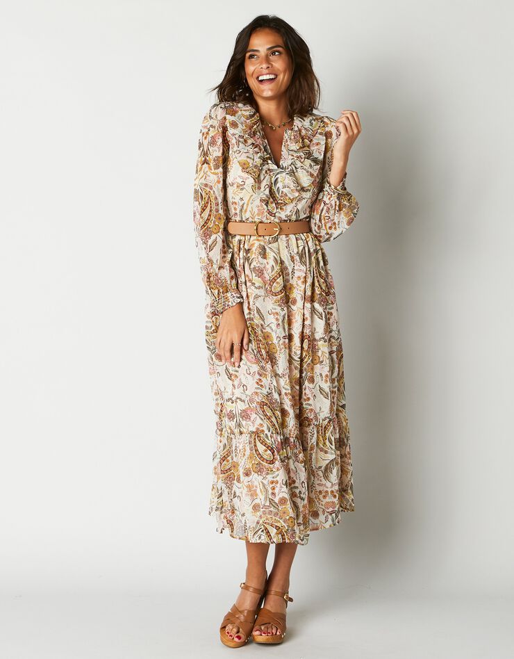 Robe midi volantée imprimée, voile (beige / kaki)