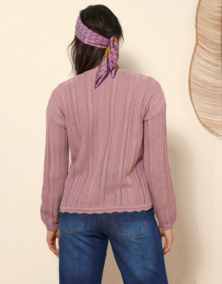 Gilet boutonné col V, maille ajourée fantaisie (rose grisé) Gilet boutonné col V, maille ajourée fantaisie (rose grisé)