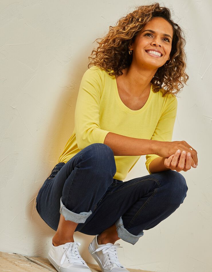 Tee-shirt manches 3/4 col rond uni coton (jaune pâle) Tee-shirt manches 3/4 col rond uni coton (jaune pâle)