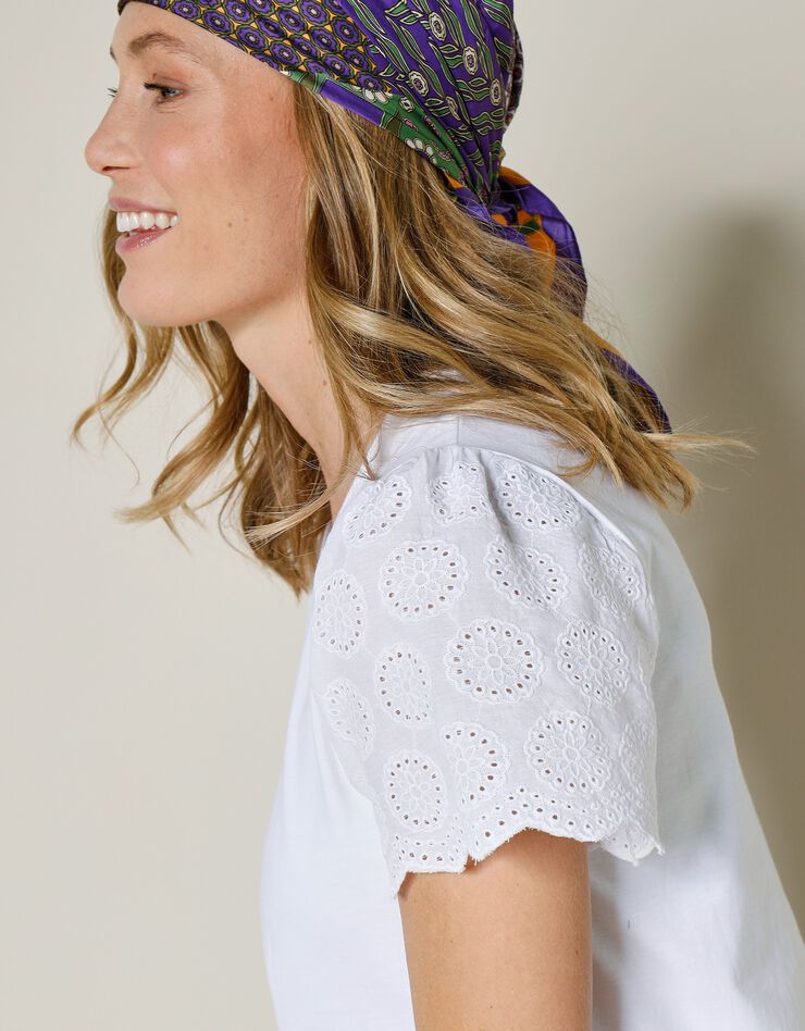 Tee-shirt col V, manches courtes broderie anglaise (blanc)