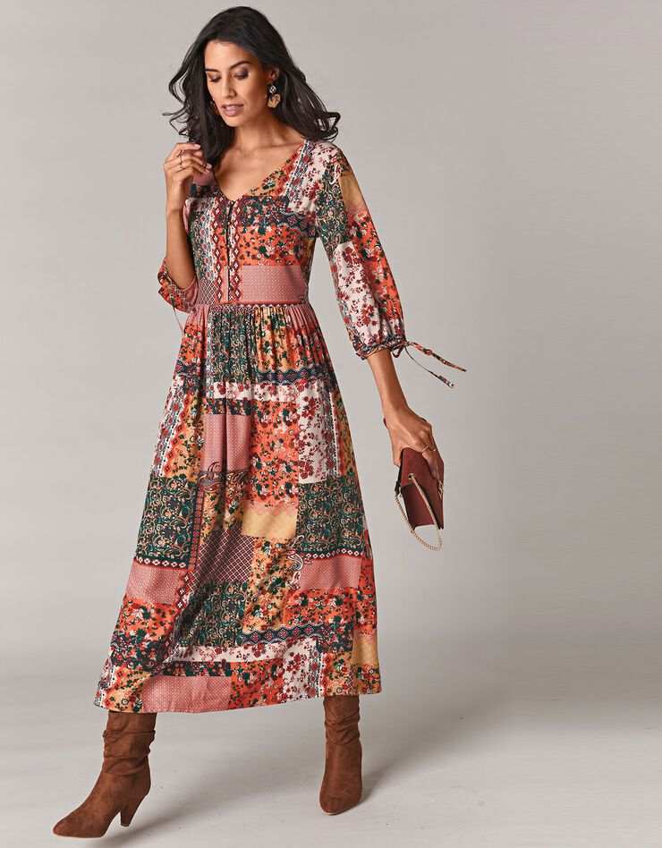 Robe longue imprimé patchwork col V (caramel / rouille)