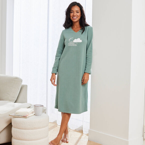 Chemise de nuit longue nuages en micro-polaire (kaki)