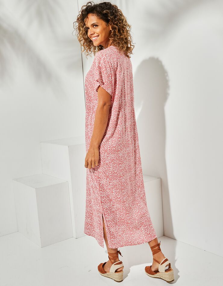 Robe droite longue fluide manches courtes, imprimé (bois de rose / blanc)