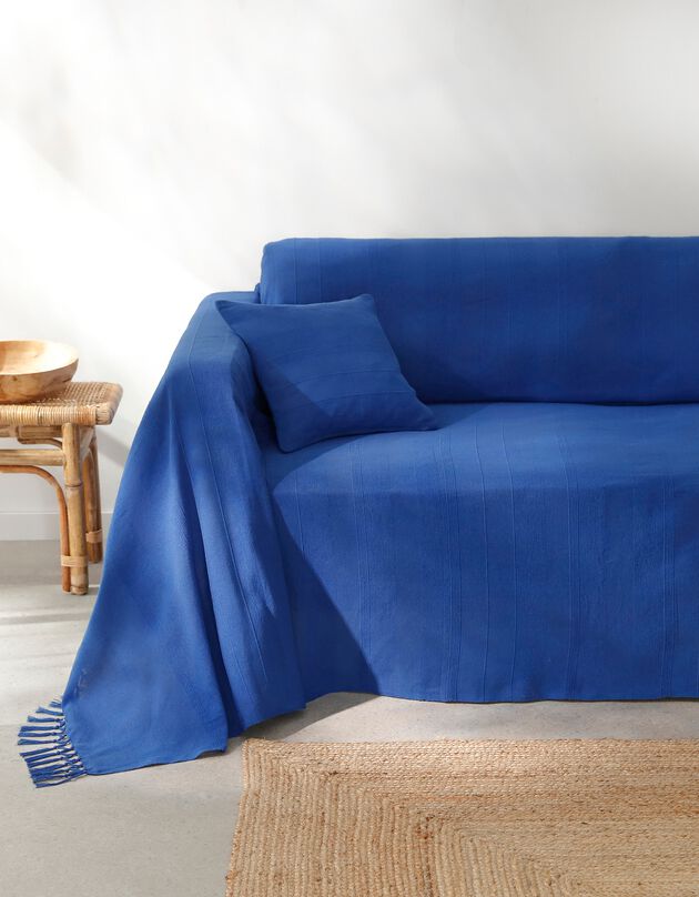 Plaid ou jeté uni coton tissage artisanal (bleu)