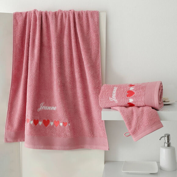 Serviettes de bain brodées cœurs, personnalisable (vieux rose)