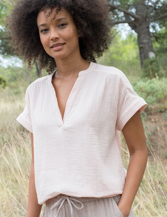 Blouse col tunisien unie en double gaze de coton  (rose poudr&eacute;)
