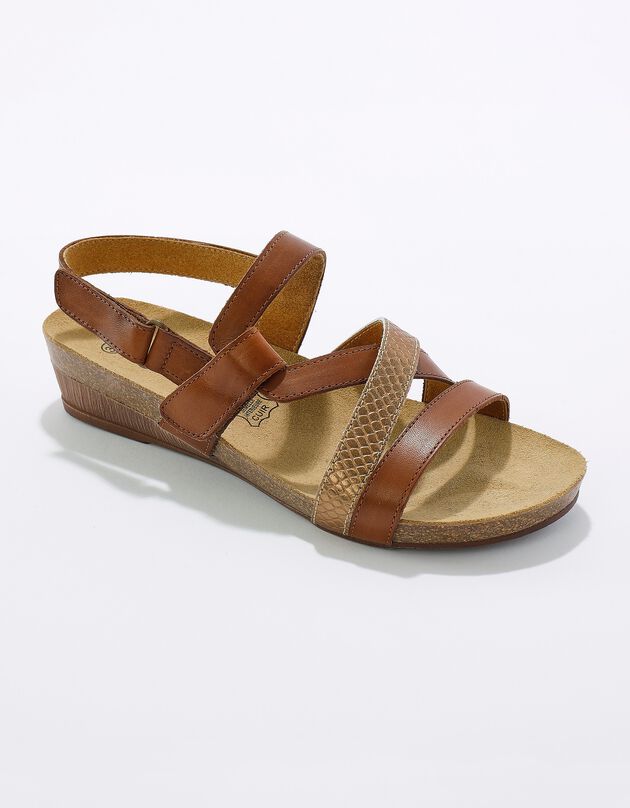 Sandales cuir scratchées compensées effet bois à semelle liège (bronze)