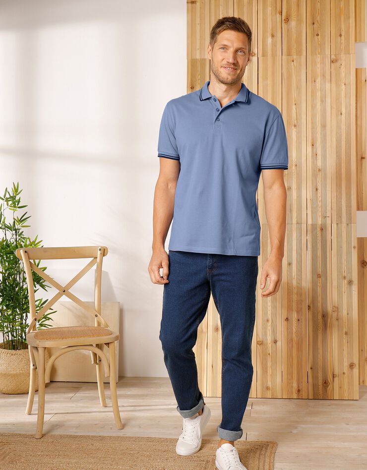 Polo uni maille piquée manches courtes (bleu jean) Polo uni maille piquée manches courtes (bleu jean)