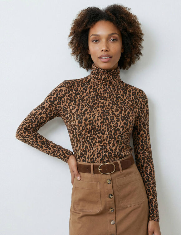 Sous-pull col roul&eacute; imprim&eacute; peau de b&ecirc;te, stretch (caramel / noir)