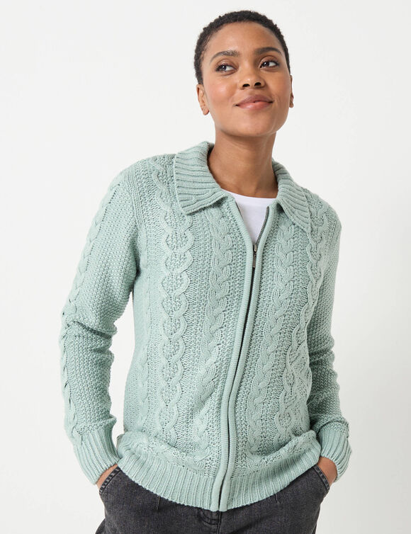 Gilet zippé col polo, maille torsadée (vert grisé)