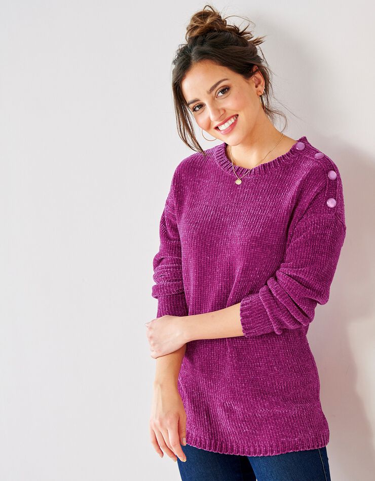Pull épaule boutonnée, maille chenille (violine) Pull épaule boutonnée, maille chenille (violine)