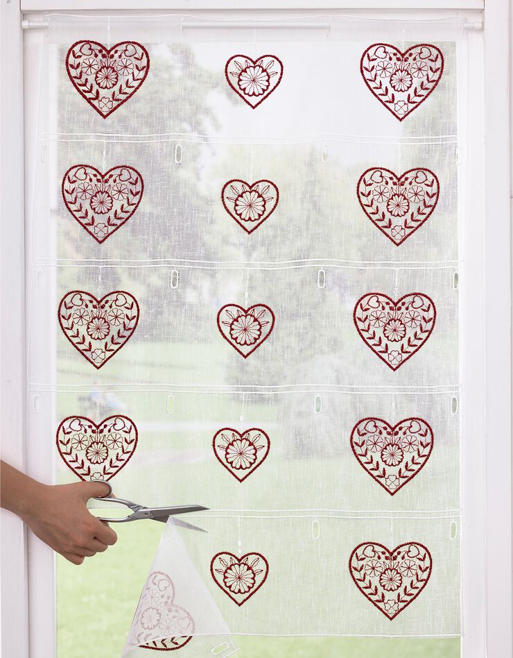 Rideau modulable en hauteur brodé coeurs (blanc / rouge)