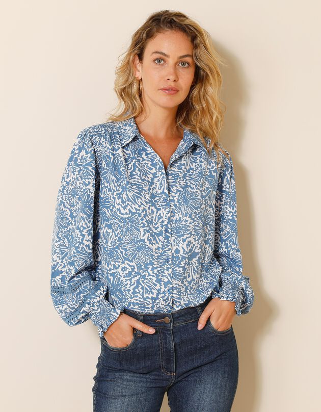 Chemise imprimée boutonnée avec macramé (bleu / écru)