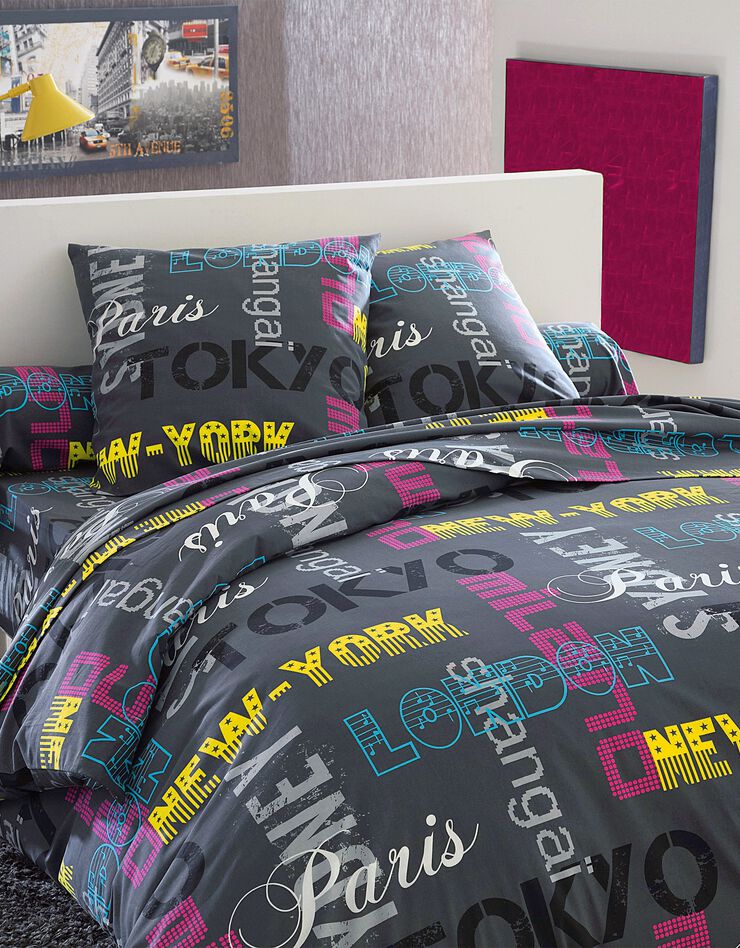 Couette coton imprimée Capitales 400g/m2 (noir)