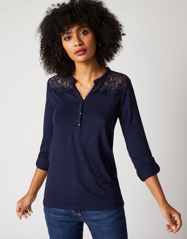 Tee-shirt col tunisien dentelle jersey (marine) Tee-shirt col tunisien dentelle jersey (marine)
