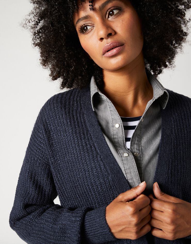 Gilet long porter ouvert, maille anglaise toucher mohair (marine)