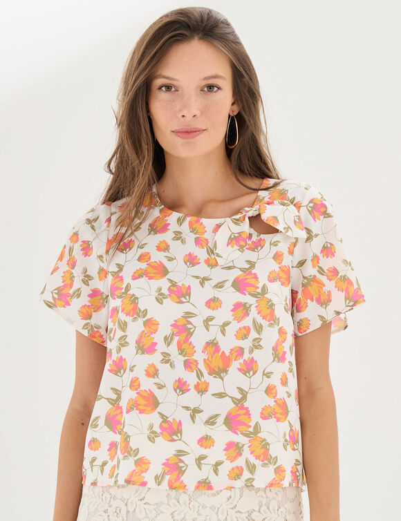 Blouse imprim&eacute;e fleurs, noeud fantaisie (&eacute;cru / rose)
